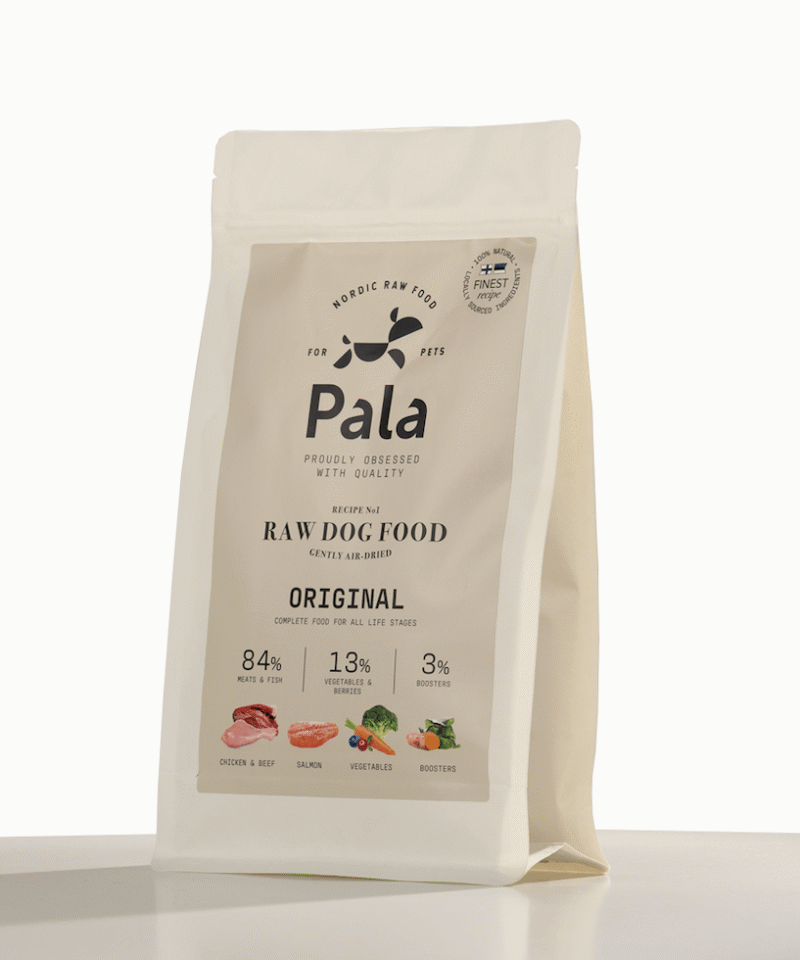 RECEPTAS NR. 1, 1 kg., PALA džiovintas RAW maistas šunims: vištiena, lašiša ir jautiena su daržovėmis