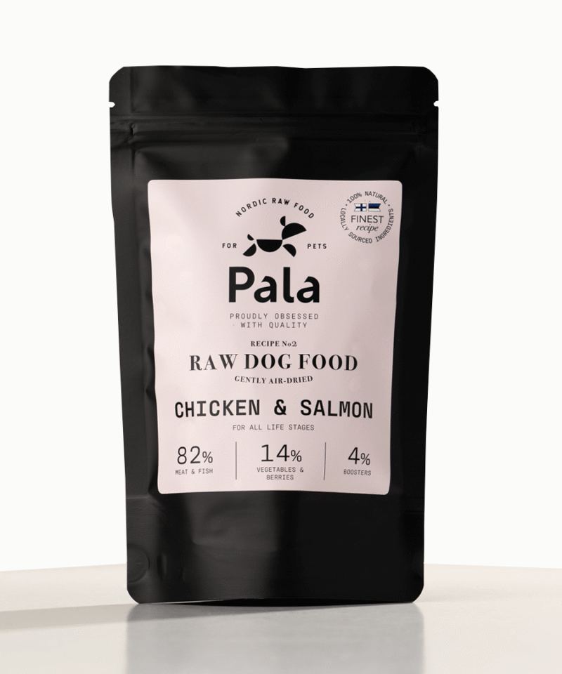 RECEPTAS NR. 2, 100 gr., PALA džiovintas RAW maistas šunims: vištiena ir lašiša su daržovėmis