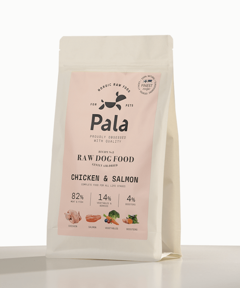 RECEPTAS NR. 2, 1 kg., PALA džiovintas RAW maistas šunims: vištiena ir lašiša su daržovėmis