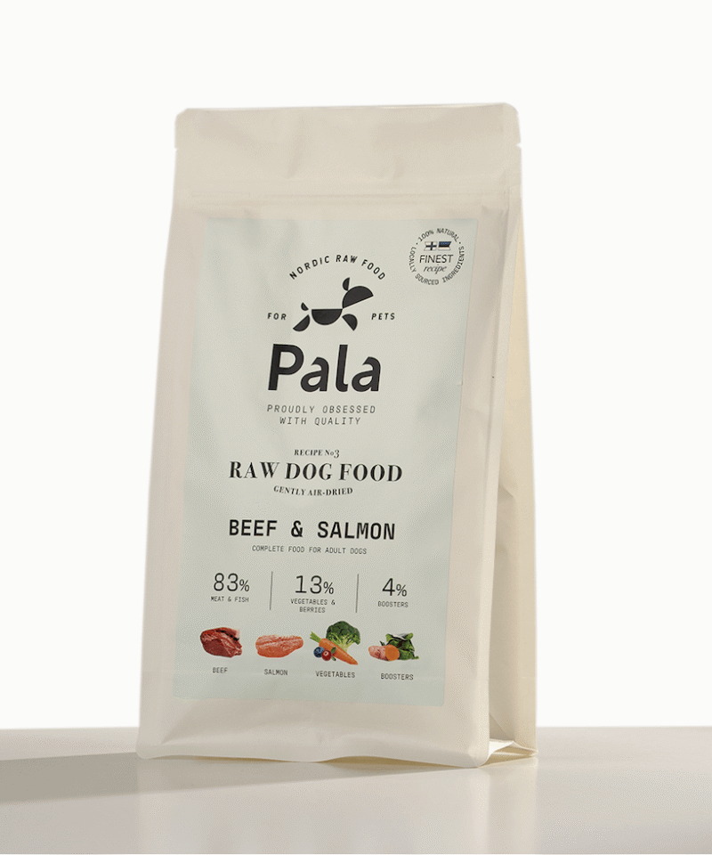 RECEPTAS NR. 3, 1 kg., PALA džiovintas RAW maistas šunims: jautiena ir lašiša su daržovėmis