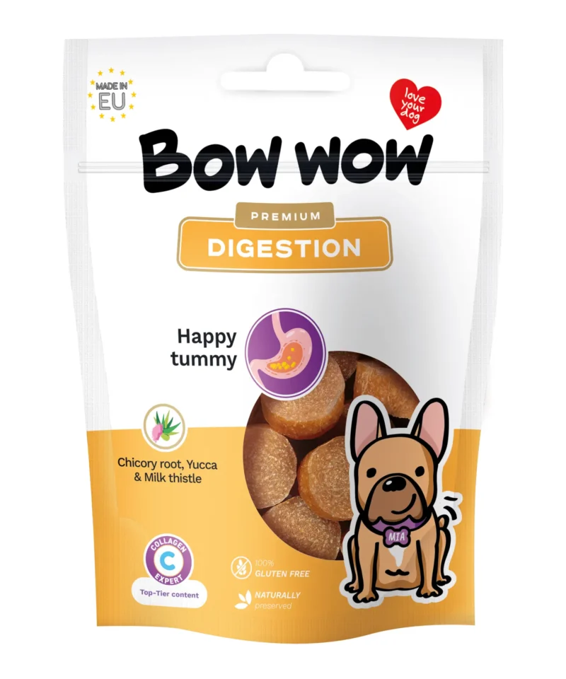 Bow Wow Virškinimui ir žarnynui: Natūralus skanėstas su cikorijos šaknimi, juka ir tikruoju margainiu, 60 g
