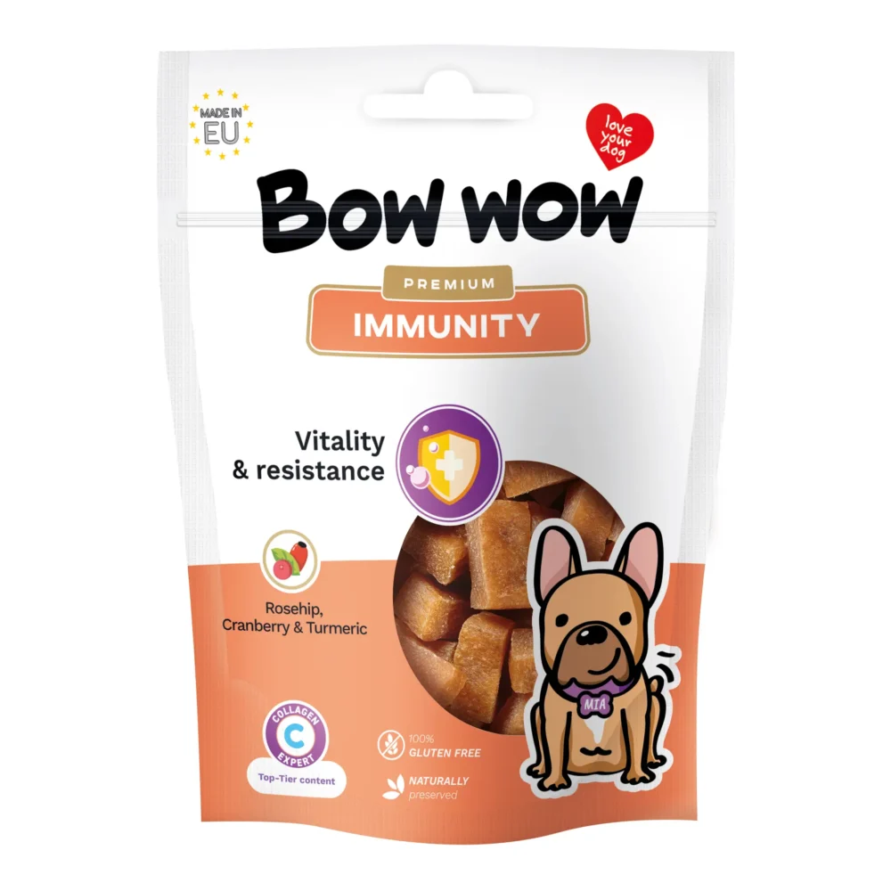 Bow Wow Imunitetui ir gyvybingumui: Natūralus skanėstas su erškėtuogėmis, spanguolėmis ir ciberžole, 60 g